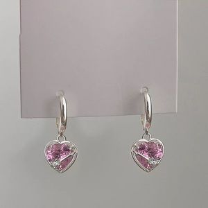 New Sterling Silver 925 Pink Crystal Heart Hoops earrings set